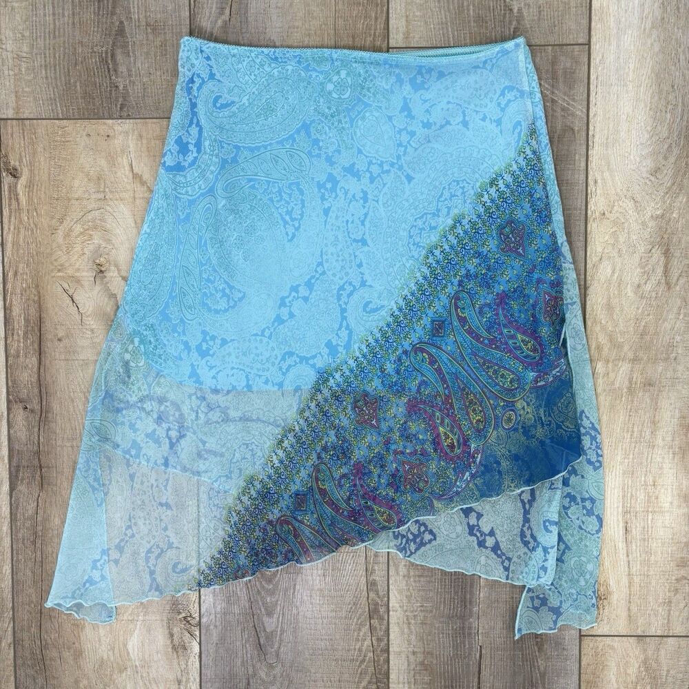 Vtg Y2K Asymmetric Women Fairy Grunge Sheer Skirt Sz L Paisley Blue Artsy Unique - Picture 3 of 11